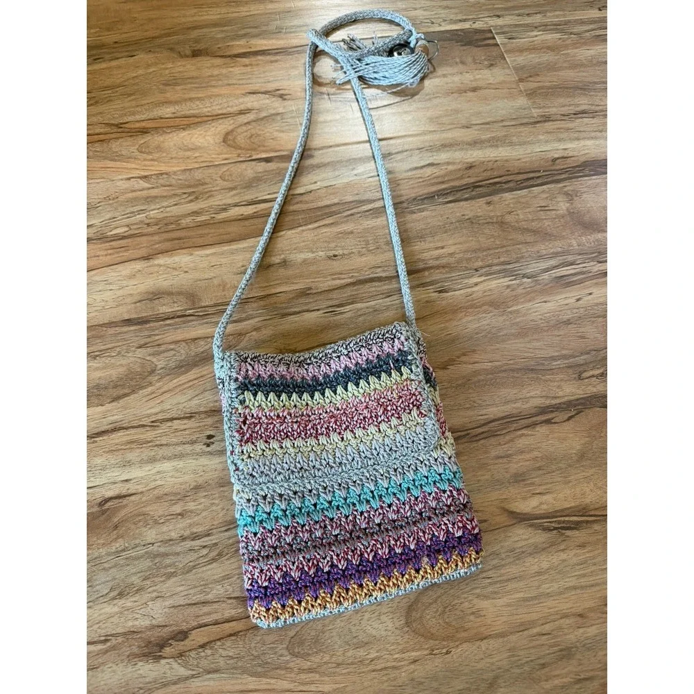 The Sak Rainbow Stripe Crochet Crossbody Boho Bag Vtg Fall Harvest Earth Tones